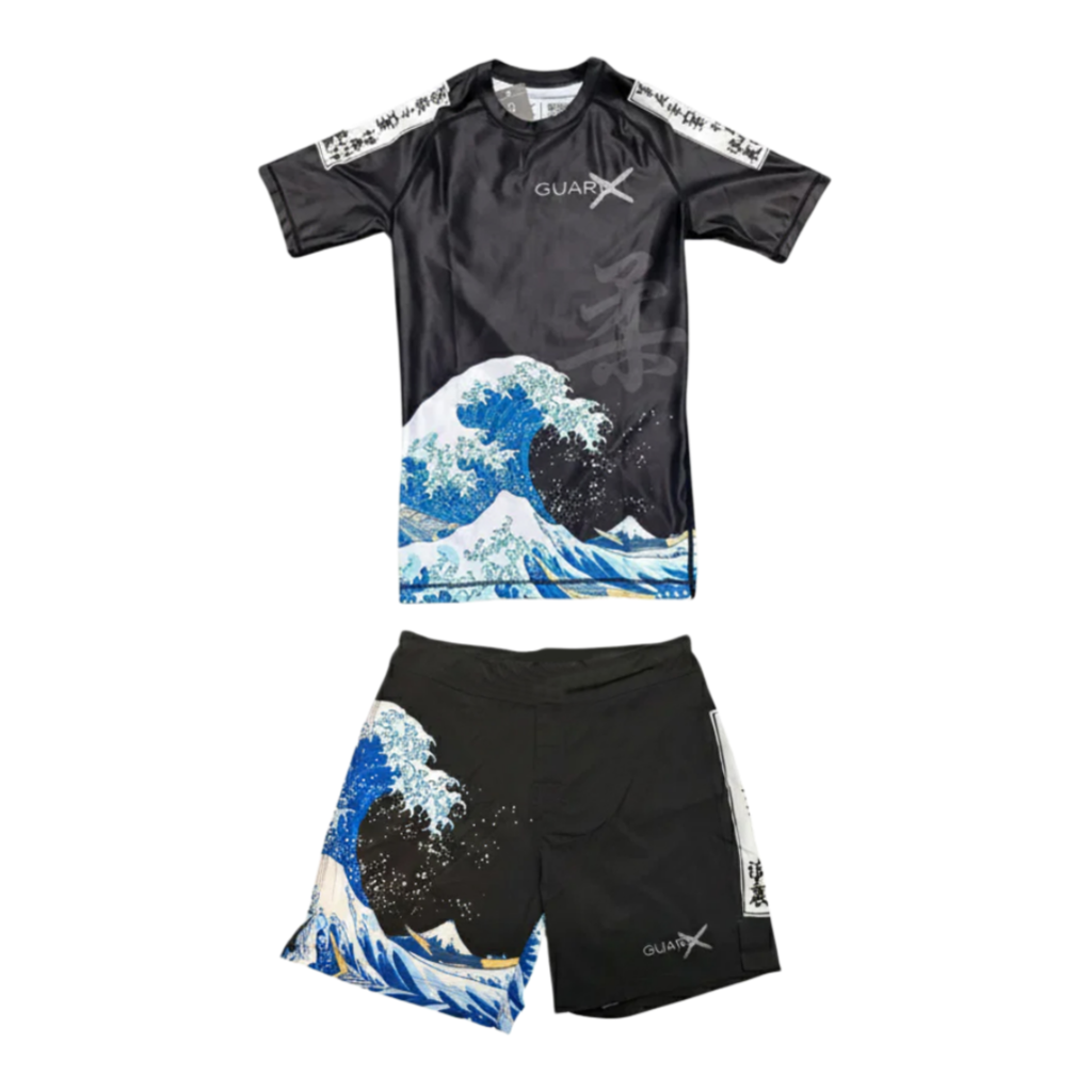 Rash Guard - 日本浮世絵オーシャンウェーブブラジリアン柔術ラッシュガード＆ファイトショーツセット（半袖）夏用メンズ速乾Tシャツセット