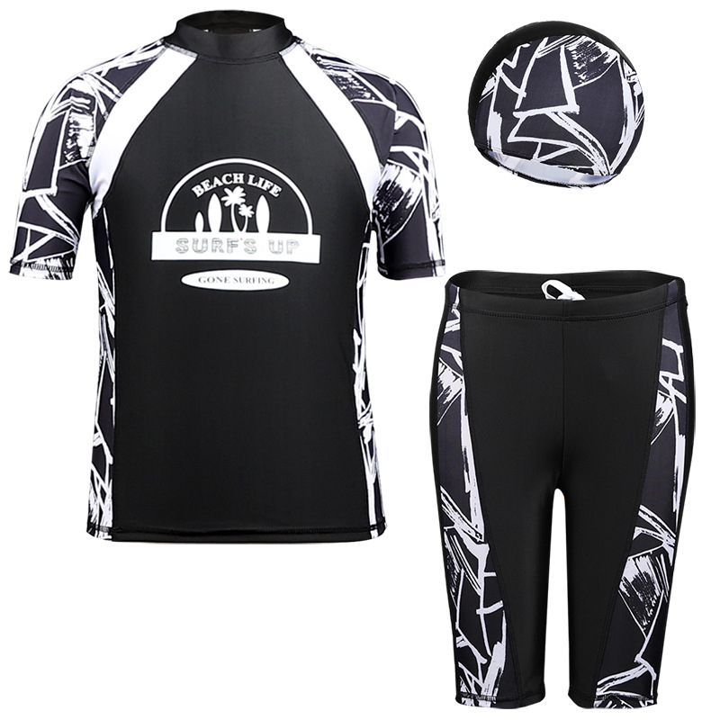 Rash Guard - 子供用水着 3ピース 男の子用ラッシュガード 速乾性 ソフトスイムトランクス キャップ付き水着