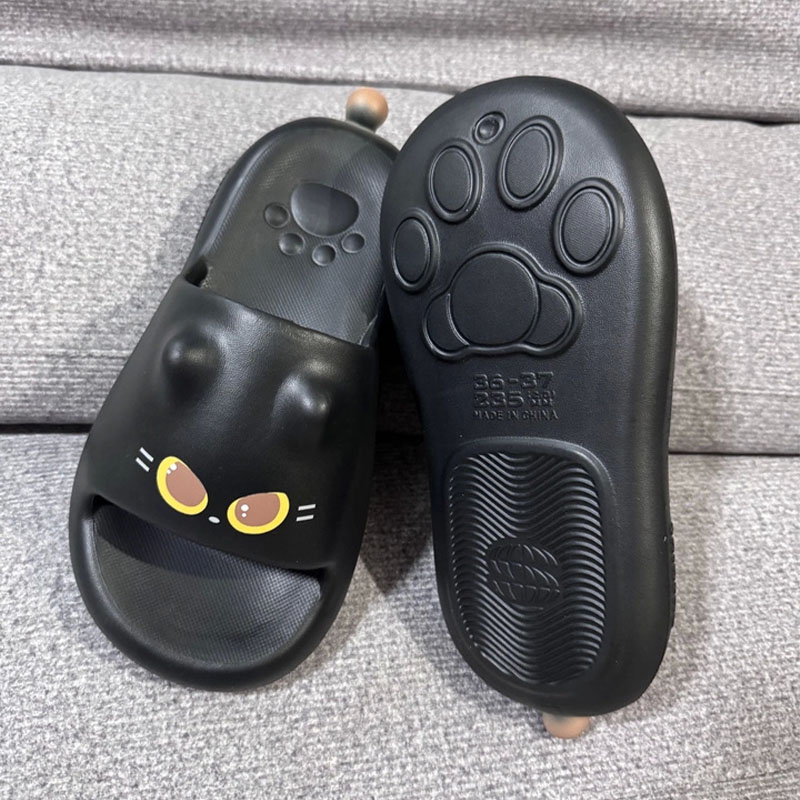 Water Shoes - 新しい可愛い3D黒猫の足型スライドサンダル レディース ソフトEVAオープントゥスリッパ 室内/屋外/ビーチ/シャワー/バスルームシューズ 女性用