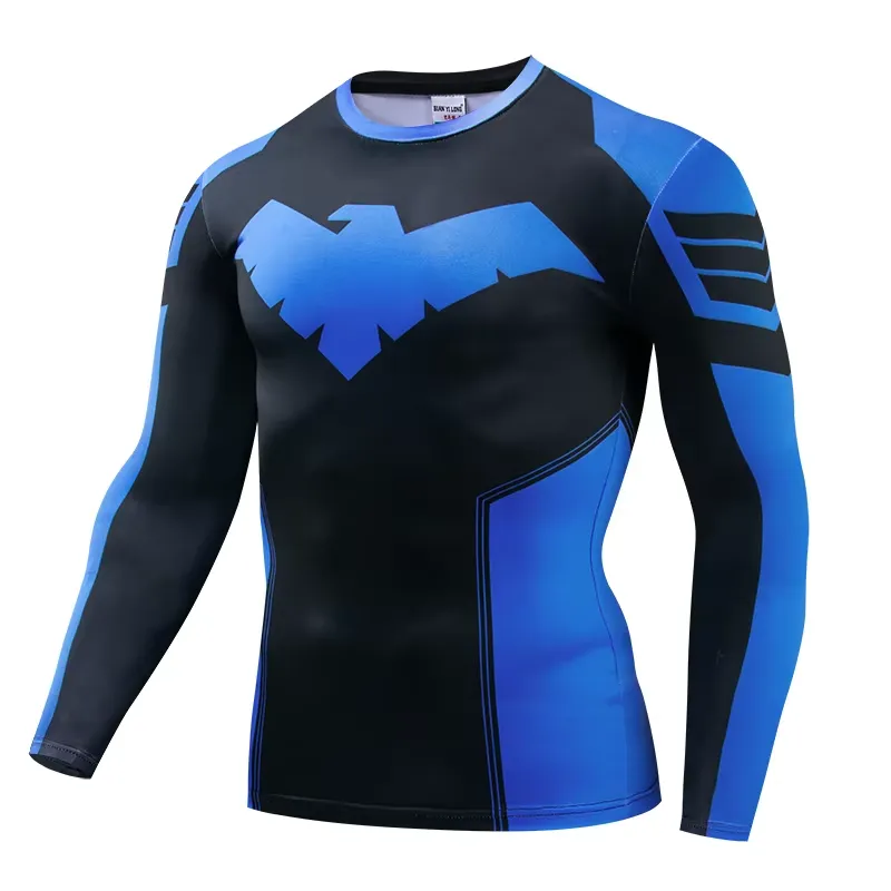 Rash Guard - 3Dプリントのカジュアルな長袖Tシャツ。2026年モデル。男性用。コンプレッション素材。ナイトウィング。ジム、ラッシュガード、ボクシングトレーニング、速乾性、ランニング、スポーツに最適。