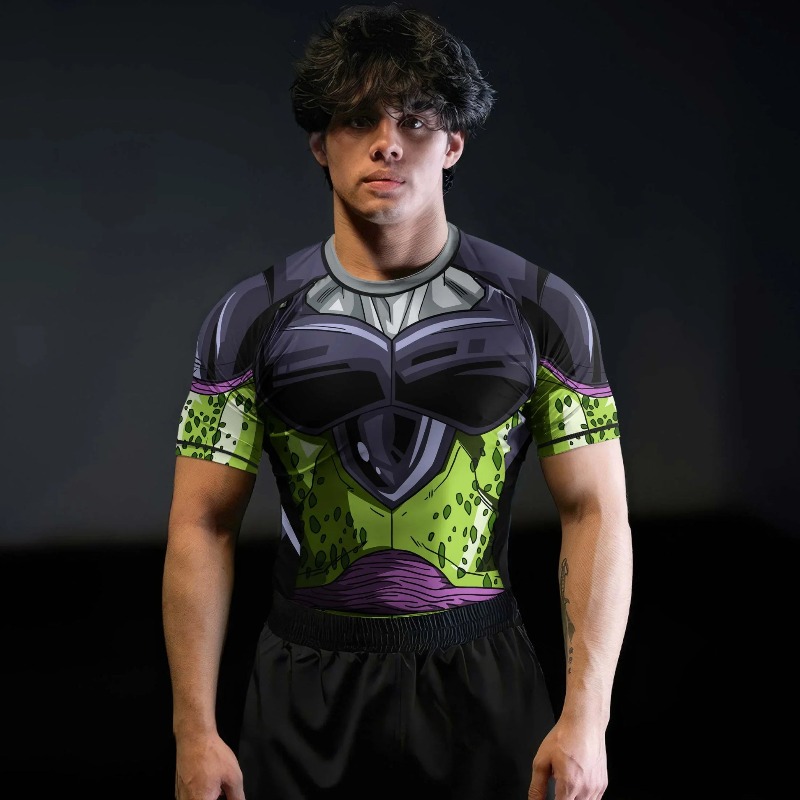 Rash Guard - ドラゴンボール セル 2026 新型コンプレッションシャツ - グリーンパープルアーマープリント、速乾性半袖ラッシュガード（ジムトレーニング＆MMA用）
