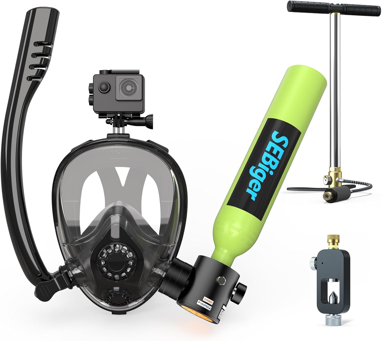 Snorkel Set - ミニスキューバタンク0.5L、フルフェイスシュノーケルマスク付き、DOT認証済み水中呼吸補助装置 - 理想的なシュノーケリングセット